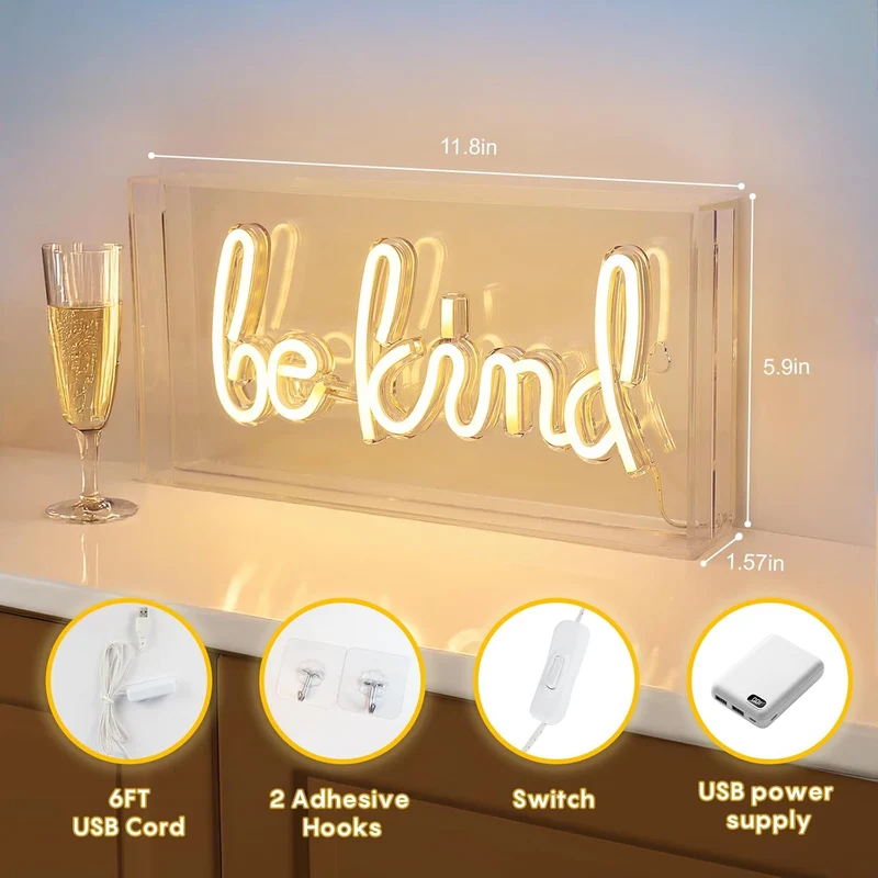 BE KIND Desk Lightbox Sign – Rectangular 11.8x5.9 inch | Warm White/ Pink | USB Powered | Tabletop Display | For Girls' Room, Bedroom, Pub, Hotel, Beach, Cock