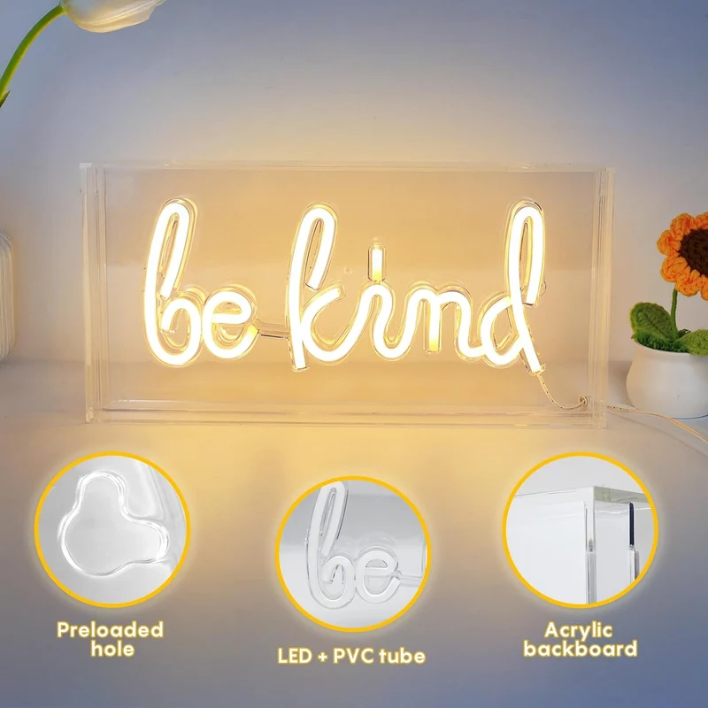 BE KIND Desk Lightbox Sign – Rectangular 11.8x5.9 inch | Warm White/ Pink | USB Powered | Tabletop Display | For Girls' Room, Bedroom, Pub, Hotel, Beach, Cock