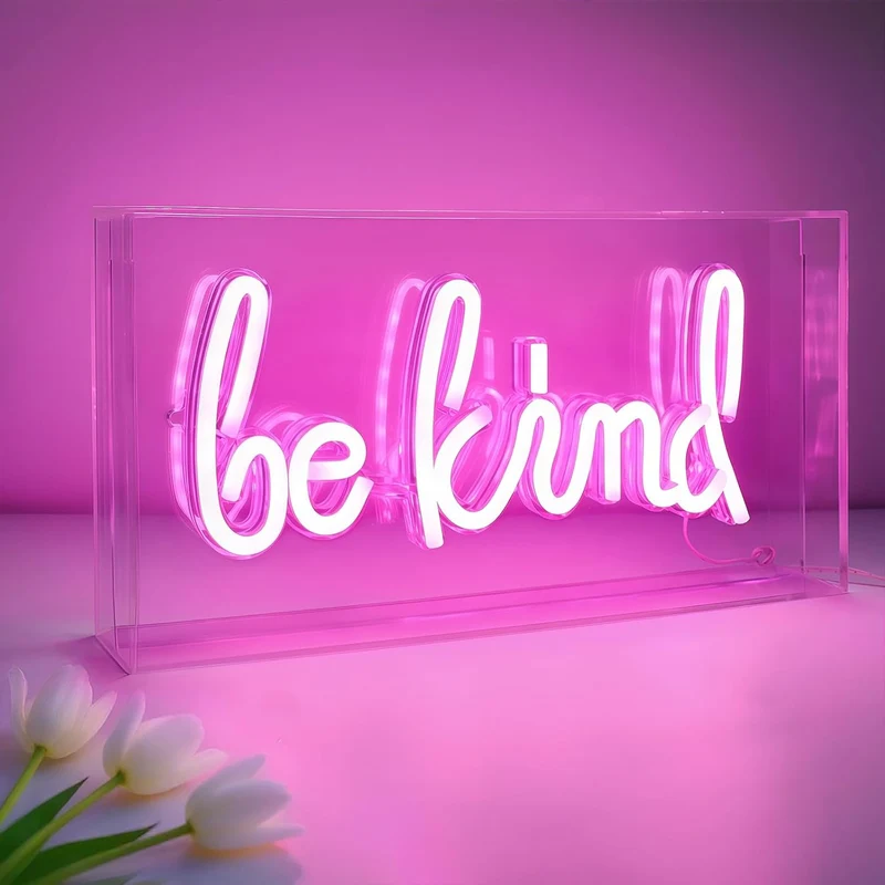 BE KIND Desk Lightbox Sign – Rectangular 11.8x5.9 inch | Warm White/ Pink | USB Powered | Tabletop Display | For Girls' Room, Bedroom, Pub, Hotel, Beach, Cock