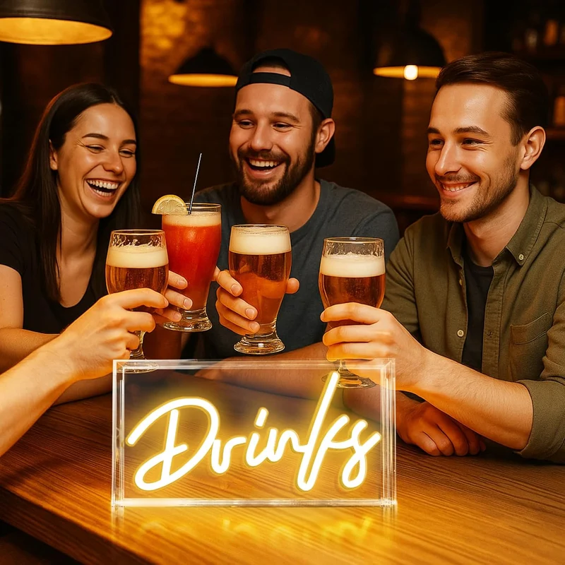 DRINKS Desk Lightbox Sign – Rectangular 11.8x5.9 inch | Warm White/ Pink | USB Powered | Tabletop Display | For Table Decor, Home Bar, Kitchen, Club, Pub, Restaurant Wall Decor & Bar Cart Accessories