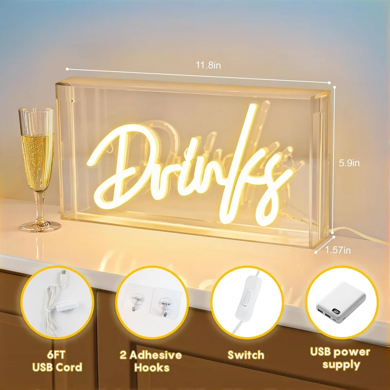 DRINKS Desk Lightbox Sign – Rectangular 11.8x5.9 inch | Warm White/ Pink | USB Powered | Tabletop Display | For Table Decor, Home Bar, Kitchen, Club, Pub, Restaurant Wall Decor & Bar Cart Accessories