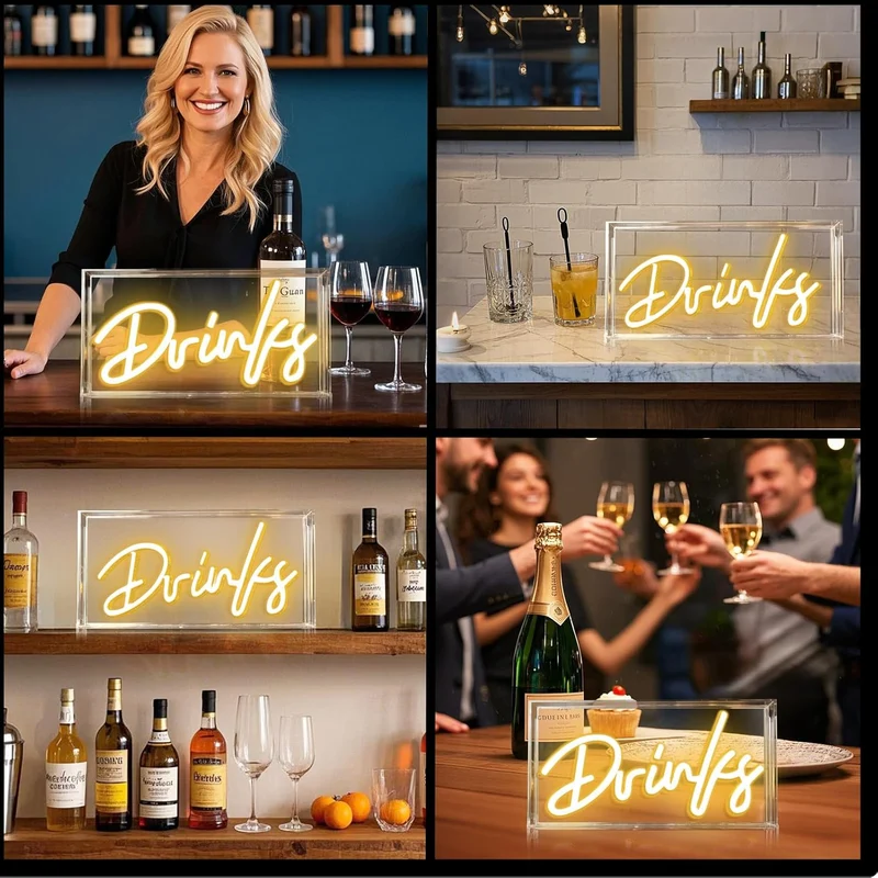 DRINKS Desk Lightbox Sign – Rectangular 11.8x5.9 inch | Warm White/ Pink | USB Powered | Tabletop Display | For Table Decor, Home Bar, Kitchen, Club, Pub, Restaurant Wall Decor & Bar Cart Accessories