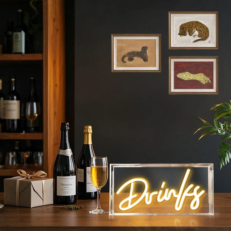 DRINKS Desk Lightbox Sign – Rectangular 11.8x5.9 inch | Warm White/ Pink | USB Powered | Tabletop Display | For Table Decor, Home Bar, Kitchen, Club, Pub, Restaurant Wall Decor & Bar Cart Accessories