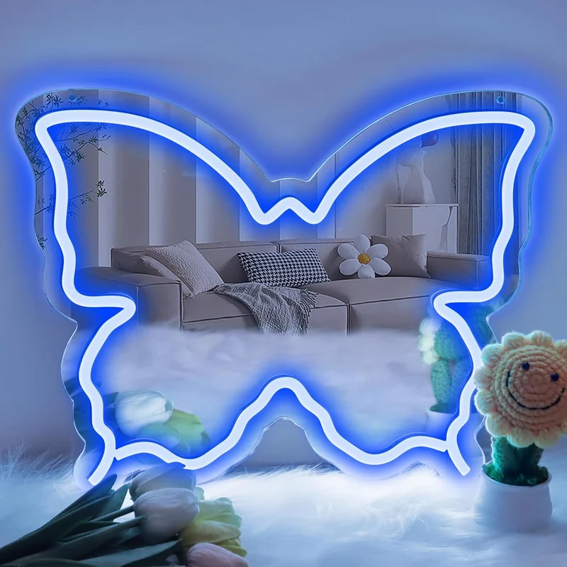 Butterfly Mirror Vanity Sign – 15.7×12 inch | Blue/Ice Blue/Pink/Purple/Warm White Neon Outline | USB Powered | Perfect for Vanity Decor