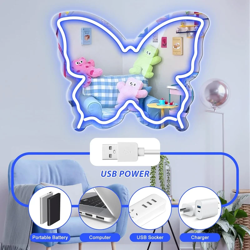 Butterfly Mirror Vanity Sign – 15.7×12 inch | Blue/Ice Blue/Pink/Purple/Warm White Neon Outline | USB Powered | Perfect for Vanity Decor