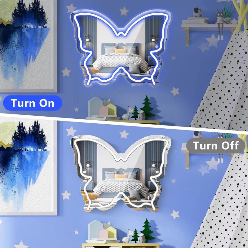 Butterfly Mirror Vanity Sign – 15.7×12 inch | Blue/Ice Blue/Pink/Purple/Warm White Neon Outline | USB Powered | Perfect for Vanity Decor