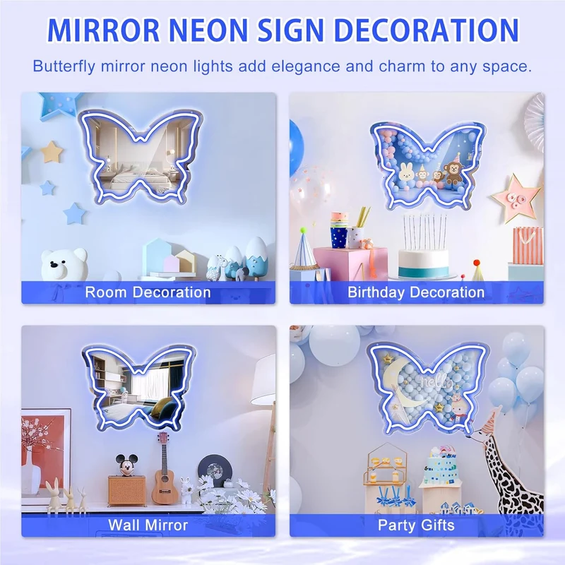 Butterfly Mirror Vanity Sign – 15.7×12 inch | Blue/Ice Blue/Pink/Purple/Warm White Neon Outline | USB Powered | Perfect for Vanity Decor