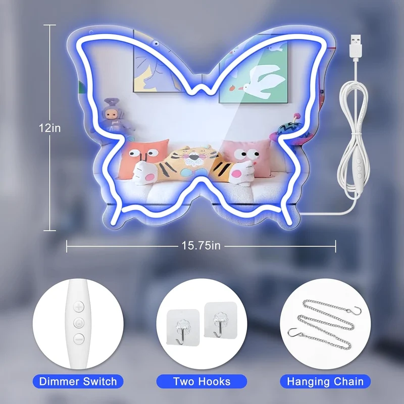 Butterfly Mirror Vanity Sign – 15.7×12 inch | Blue/Ice Blue/Pink/Purple/Warm White Neon Outline | USB Powered | Perfect for Vanity Decor