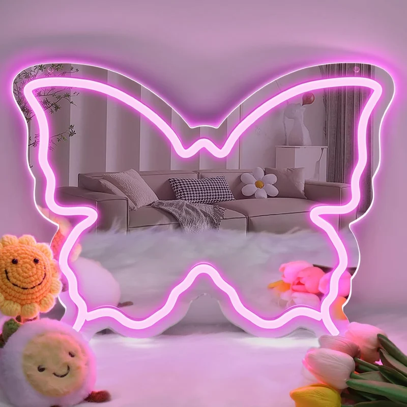 Butterfly Mirror Vanity Sign – 15.7×12 inch | Blue/Ice Blue/Pink/Purple/Warm White Neon Outline | USB Powered | Perfect for Vanity Decor