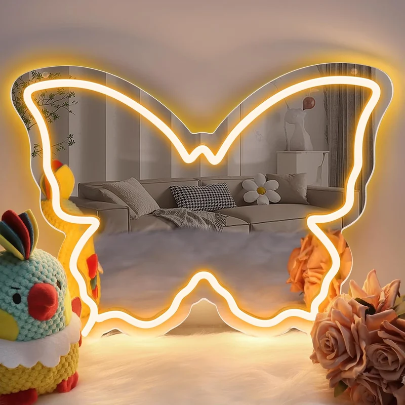 Butterfly Mirror Vanity Sign – 15.7×12 inch | Blue/Ice Blue/Pink/Purple/Warm White Neon Outline | USB Powered | Perfect for Vanity Decor