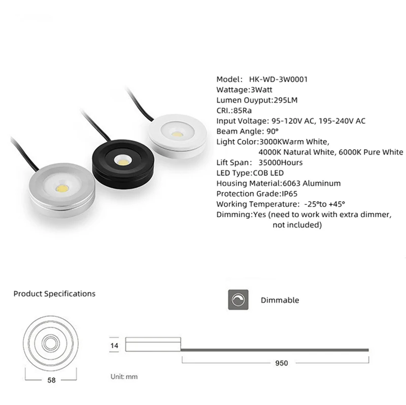 2 Pack Waterproof LED Puck Lights – 3W | Warm / Daylight White | White / Silver / Black | Hardwired | Dimmable with Compatible Dimmer | AC 110V / 220V | Adhesive Mount