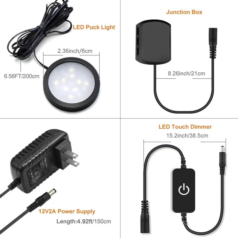 3 Pack LED Puck Cabinet Lights – Warm White / Daylight White | Black Finish | 12V Adapter with US / UK Plug | Touch Dimmable | Adhesive Mount | for Kitchen & Under Cabinet