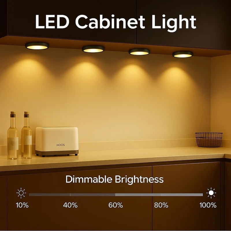3 Pack LED Puck Cabinet Lights – Warm White / Daylight White | Black Finish | 12V Adapter with US / UK Plug | Touch Dimmable | Adhesive Mount | for Kitchen & Under Cabinet
