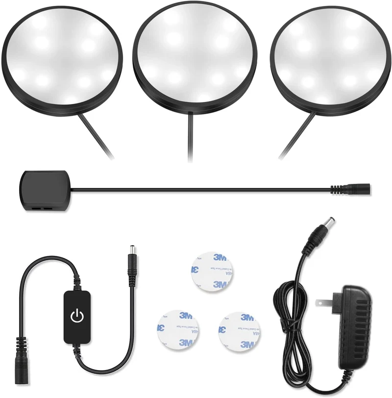 3 Pack LED Puck Cabinet Lights – Warm White / Daylight White | Black Finish | 12V Adapter with US / UK Plug | Touch Dimmable | Adhesive Mount | for Kitchen & Under Cabinet