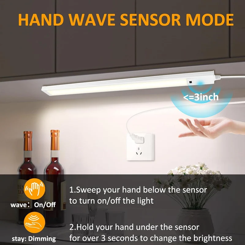1/2 Pack 16 / 22 Inch Under Cabinet Light – 3CCT (3000K/4000K/6000K) | Hand Wave Sensor | Adhesive Mount | Slim Design for Cabinet & Shelf – White Finish