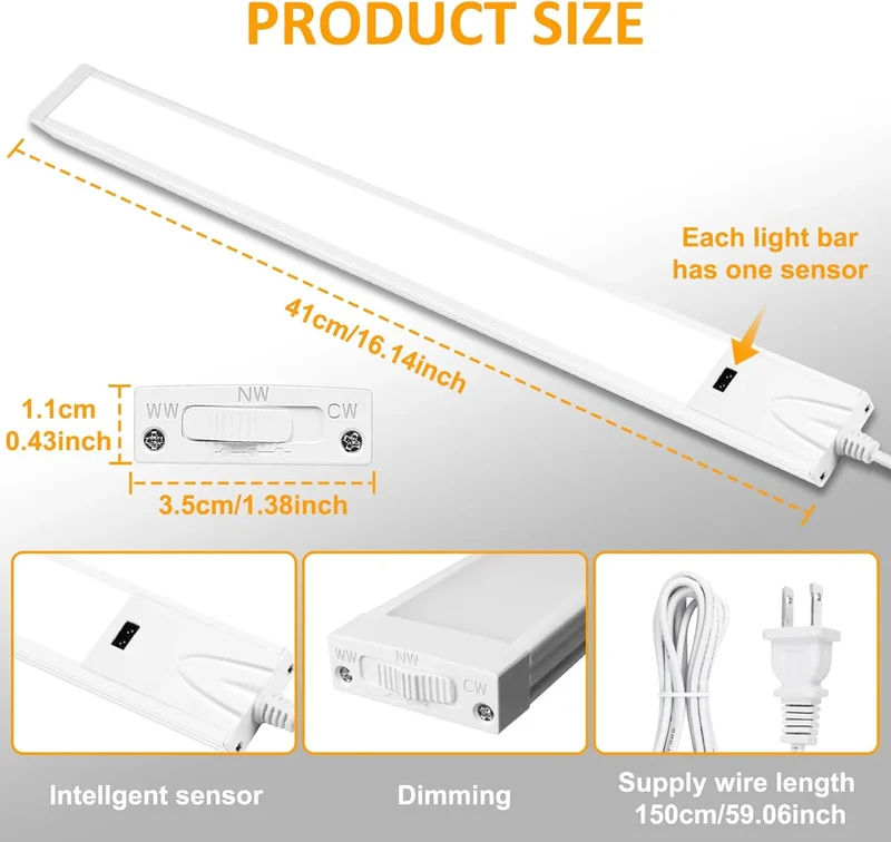 1/2 Pack 16 / 22 Inch Under Cabinet Light – 3CCT (3000K/4000K/6000K) | Hand Wave Sensor | Adhesive Mount | Slim Design for Cabinet & Shelf – White Finish