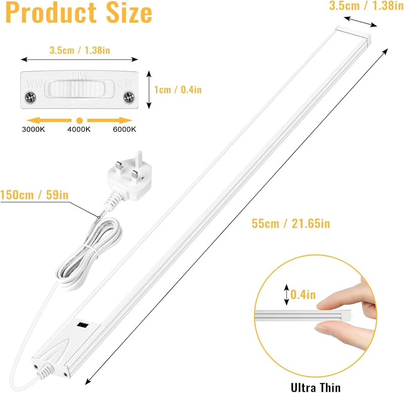 1/2 Pack 16 / 22 Inch Under Cabinet Light – 3CCT (3000K/4000K/6000K) | Hand Wave Sensor | Adhesive Mount | Slim Design for Cabinet & Shelf – White Finish
