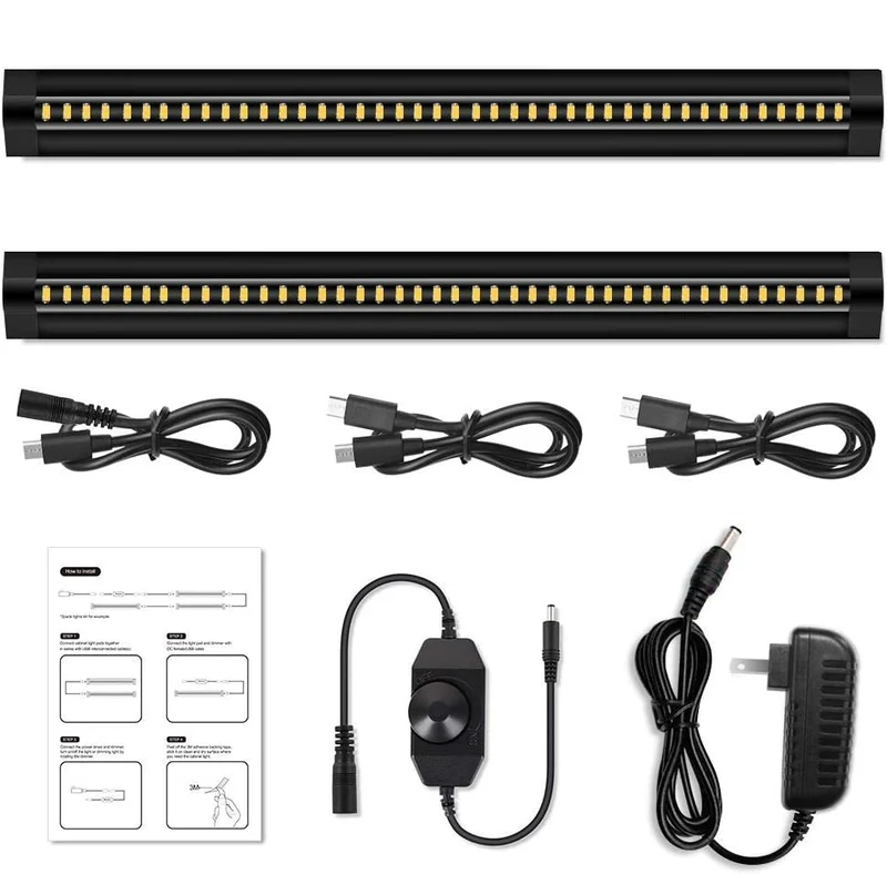 1/2/3 Pack 13 Inch Under Cabinet Light – 12V 5W | Warm / Nature White | Knob Dimmer | Adhesive Mount | Slim Design for Kitchen & Closet – Black Finish
