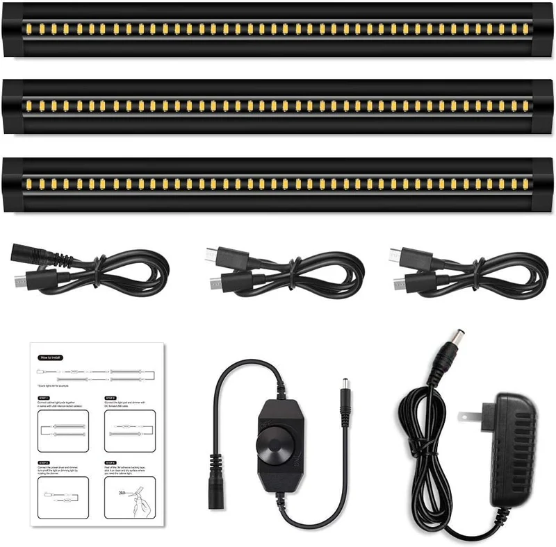 1/2/3 Pack 13 Inch Under Cabinet Light – 12V 5W | Warm / Nature White | Knob Dimmer | Adhesive Mount | Slim Design for Kitchen & Closet – Black Finish