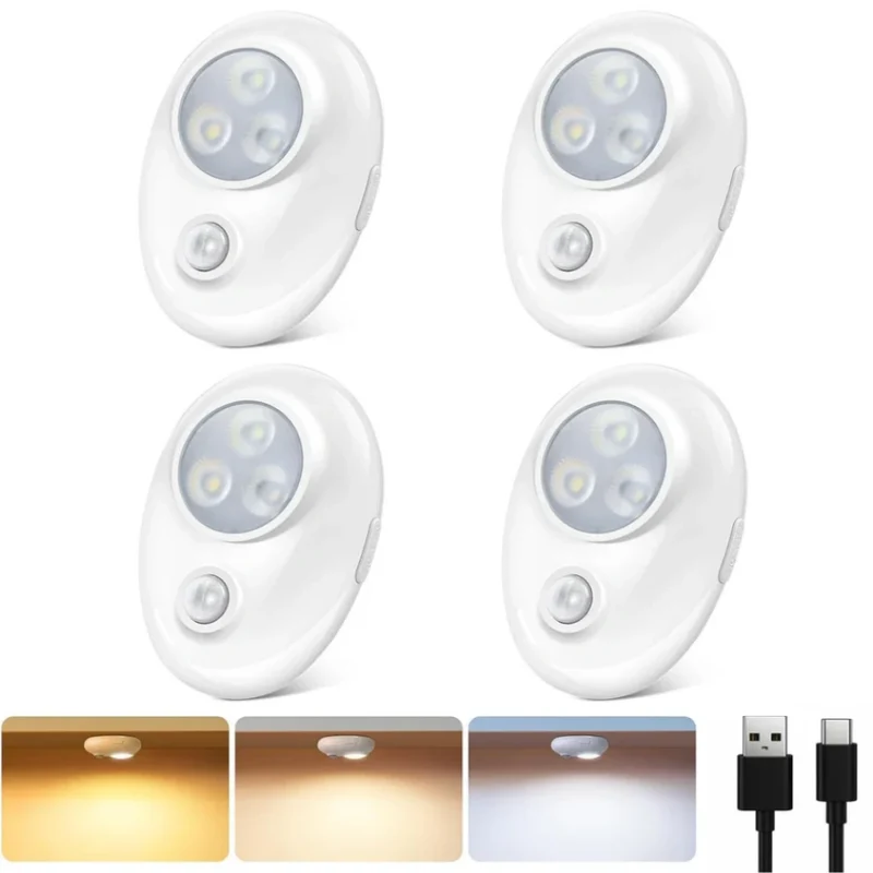 4/6 Pack Rechargeable Pebble LED Closet Light | 3 LEDs, 3 Color Modes (3000K / 4000K / 6000K) | Motion Sensor, Tap Switch, Dimmable | White Finish | Magnetic Mounting