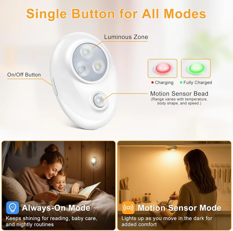 4/6 Pack Rechargeable Pebble LED Closet Light | 3 LEDs, 3 Color Modes (3000K / 4000K / 6000K) | Motion Sensor, Tap Switch, Dimmable | White Finish | Magnetic Mounting