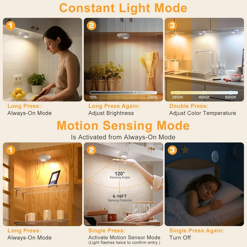 4/6 Pack Rechargeable Pebble LED Closet Light | 3 LEDs, 3 Color Modes (3000K / 4000K / 6000K) | Motion Sensor, Tap Switch, Dimmable | White Finish | Magnetic Mounting
