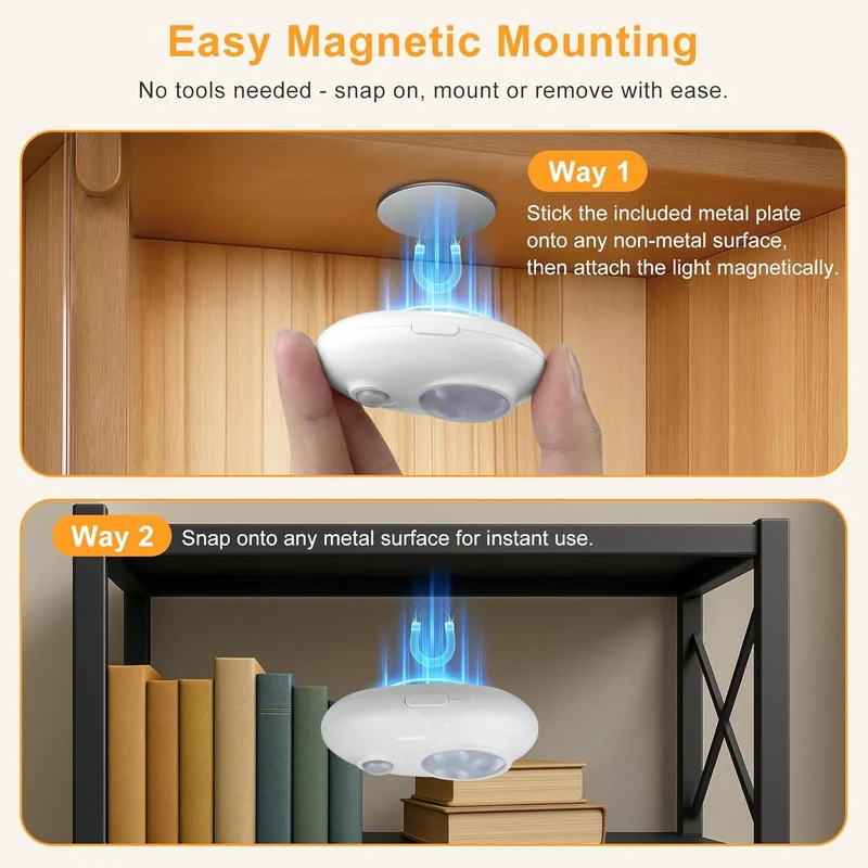 4/6 Pack Rechargeable Pebble LED Closet Light | 3 LEDs, 3 Color Modes (3000K / 4000K / 6000K) | Motion Sensor, Tap Switch, Dimmable | White Finish | Magnetic Mounting