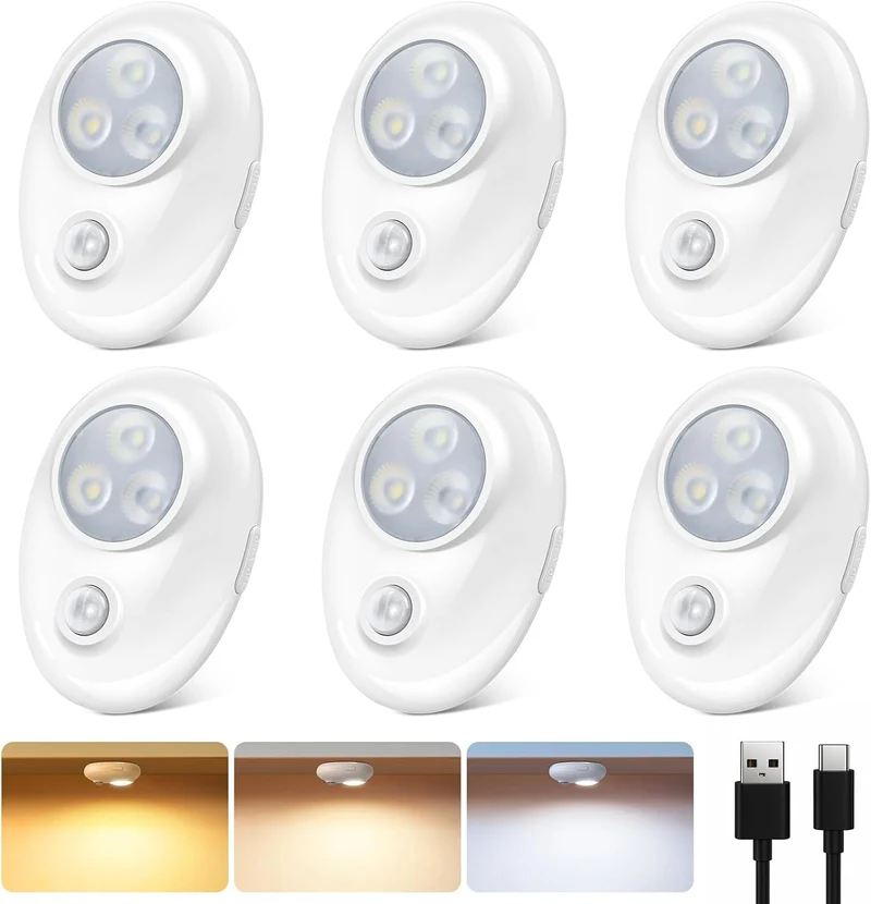 4/6 Pack Rechargeable Pebble LED Closet Light | 3 LEDs, 3 Color Modes (3000K / 4000K / 6000K) | Motion Sensor, Tap Switch, Dimmable | White Finish | Magnetic Mounting