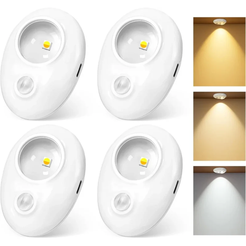 4/6 Pack Rechargeable Pebble LED Closet Light | 1 LED, 3 Color Modes (3000K / 4000K / 6000K) | Motion Sensor, Tap Switch, Dimmable | White Finish | Magnetic Mounting
