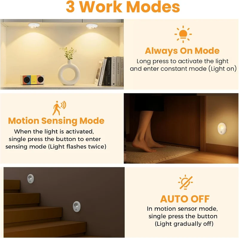 4/6 Pack Rechargeable Pebble LED Closet Light | 1 LED, 3 Color Modes (3000K / 4000K / 6000K) | Motion Sensor, Tap Switch, Dimmable | White Finish | Magnetic Mounting