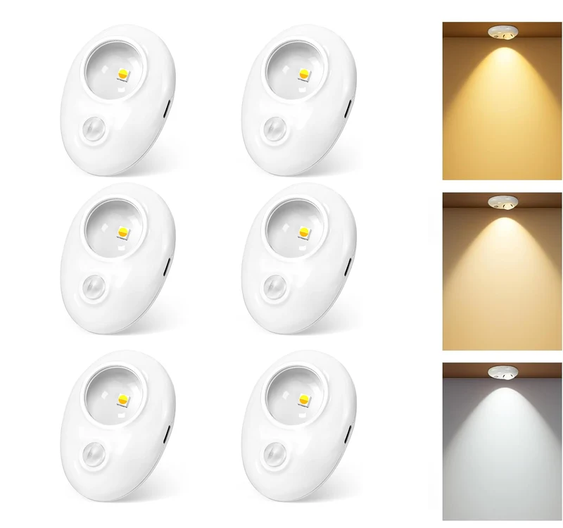 4/6 Pack Rechargeable Pebble LED Closet Light | 1 LED, 3 Color Modes (3000K / 4000K / 6000K) | Motion Sensor, Tap Switch, Dimmable | White Finish | Magnetic Mounting