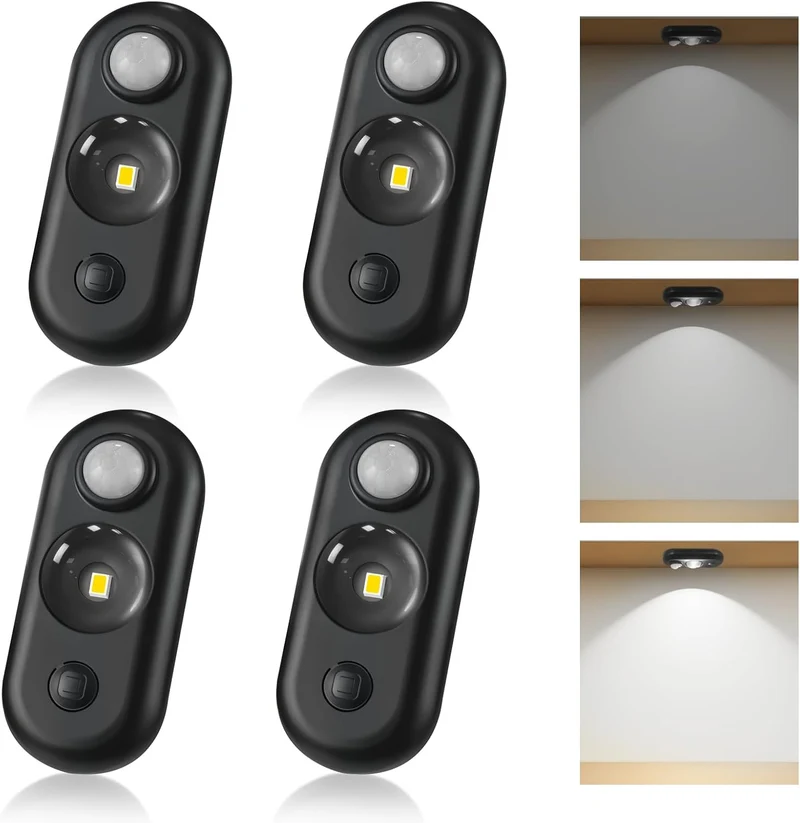 4/6 Pack Rechargeable Oval LED Closet Light | Motion Sensor, Tap Switch, Dimmable | Warm / Daylight White | Black / White Finish | Magnetic Mounting for Closets & Cabinets