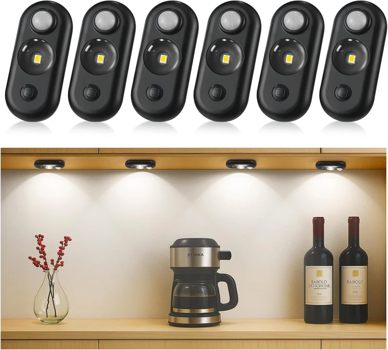 4/6 Pack Rechargeable Oval LED Closet Light | Motion Sensor, Tap Switch, Dimmable | Warm / Daylight White | Black / White Finish | Magnetic Mounting for Closets & Cabinets