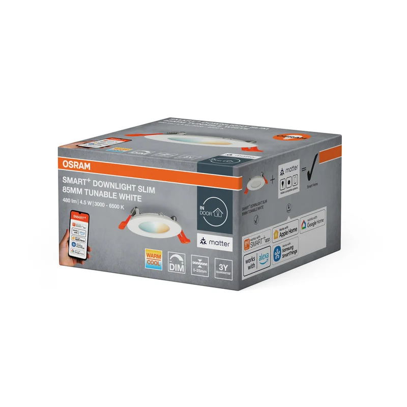 OSRAM Matter SMART+ ENCASTRÉ SLIM DOWNLIGHT, Ø 85mm TW / 4,50 W Blanc Réglable, 3000…6500K,