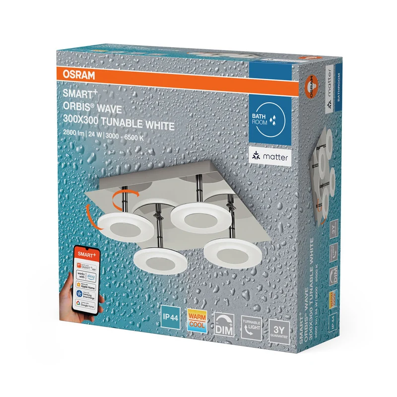 OSRAM Matter SMART+ ORBIS WAVE LED Plafonnier de salle de bain 30x30cm Blanc réglable 26W / 3000-6500K