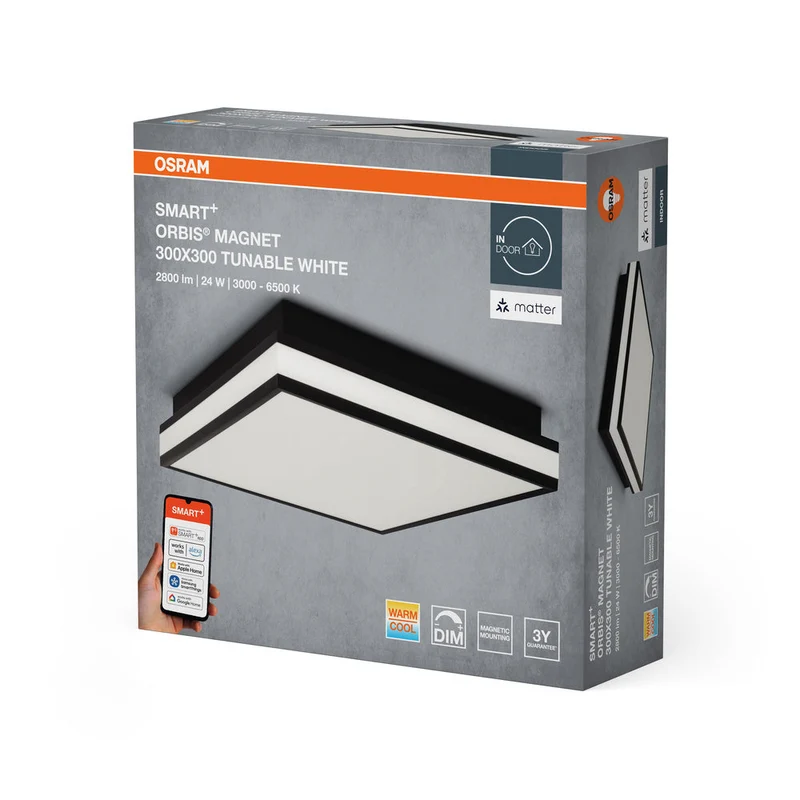 OSRAM Matter SMART+ ORBIS MAGNET LED Plafonnier 30x30cm Blanc réglable 26W / 3000-6500K noir