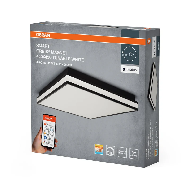 OSRAM Matter SMART+ ORBIS MAGNET LED Plafonnier 45x45cm Blanc réglable 42W / 3000-6500K noir