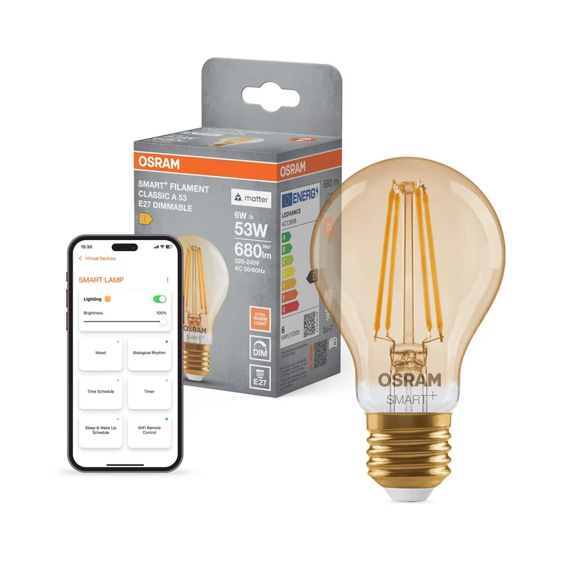 OSRAM Matter SMART+ ampoule LED avec technologie WiFi en verre doré, culot E27, dimmable, blanc chaud (2400K), remplace les ampoules à incandescence de 53 W, SMART+ WiFi classique dimmable, pack de 1