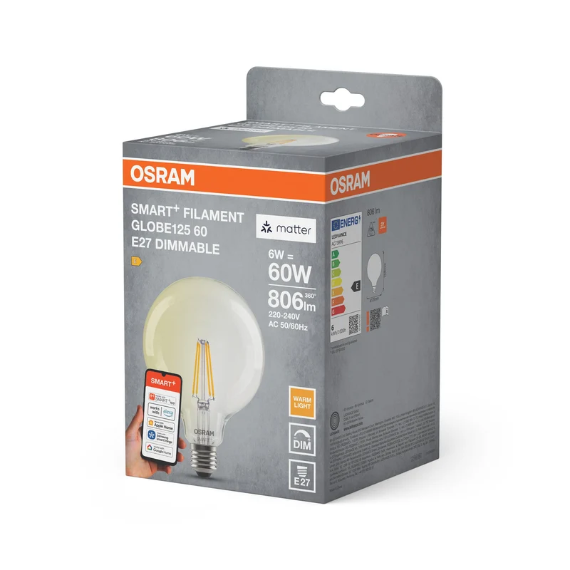OSRAM Matter SMART+ Filament LED Lampe Globe dimmable (ex 60W) 5,5W / 2700K Blanc chaud E27