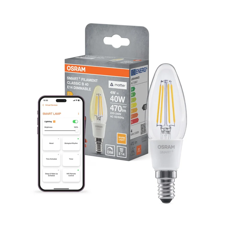 OSRAM Matter SMART+ Lampe en forme de bougie dimmable 4W / 2700K Blanc chaud E14