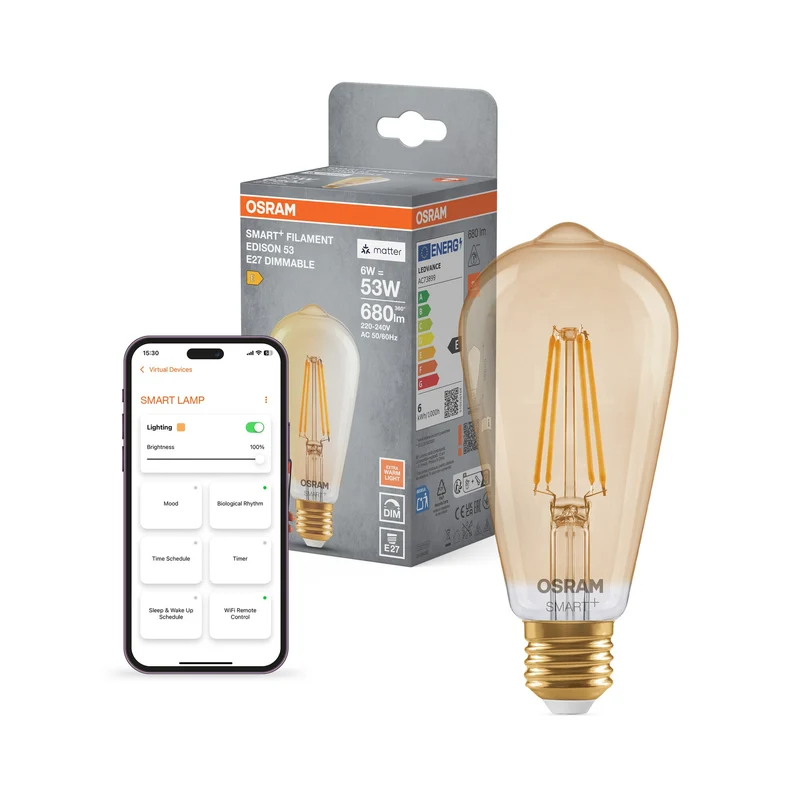 OSRAM Matter SMART+ ampoule LED avec technologie WiFi en forme Edison dorée, culot E27, dimmable, blanc chaud (2400K), remplace les ampoules à incandescence de 53 W, SMART+ WiFi classique dimmable, pack de 1