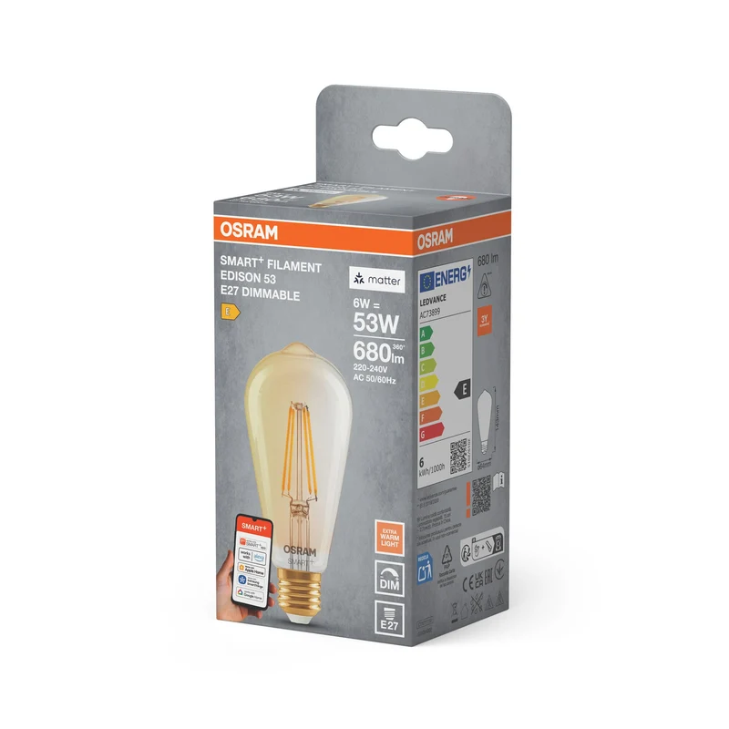 OSRAM Matter SMART+ ampoule LED avec technologie WiFi en forme Edison dorée, culot E27, dimmable, blanc chaud (2400K), remplace les ampoules à incandescence de 53 W, SMART+ WiFi classique dimmable, pack de 1