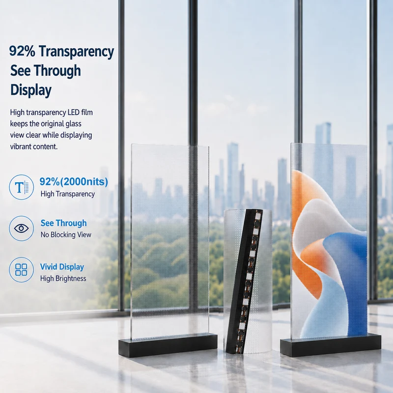 【Standard Modular Panel】HC Series P8 Adhesive Transparent LED Film – 400×1000 mm (15.75×39.37 in) | 2000nits / 4000nits | 92% / 87% Transparency Glass Display for Retail Windows & Exhibition | Multiple Kit Options | Plug & Play
