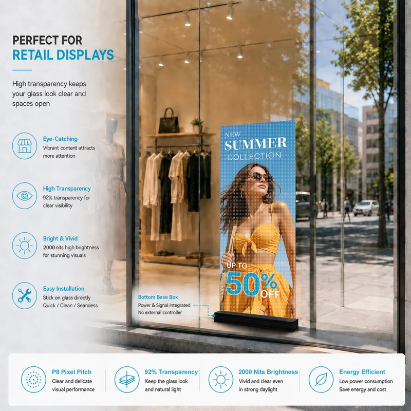 【Standard Modular Panel】HC Series P8 Adhesive Transparent LED Film – 400×1000 mm (15.75×39.37 in) | 2000nits / 4000nits | 92% / 87% Transparency Glass Display for Retail Windows & Exhibition | Multiple Kit Options | Plug & Play