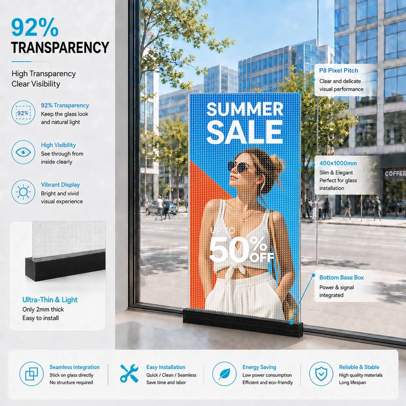【Standard Modular Panel】HC Series P8 Adhesive Transparent LED Film – 400×1000 mm (15.75×39.37 in) | 2000nits / 4000nits | 92% / 87% Transparency Glass Display for Retail Windows & Exhibition | Multiple Kit Options | Plug & Play