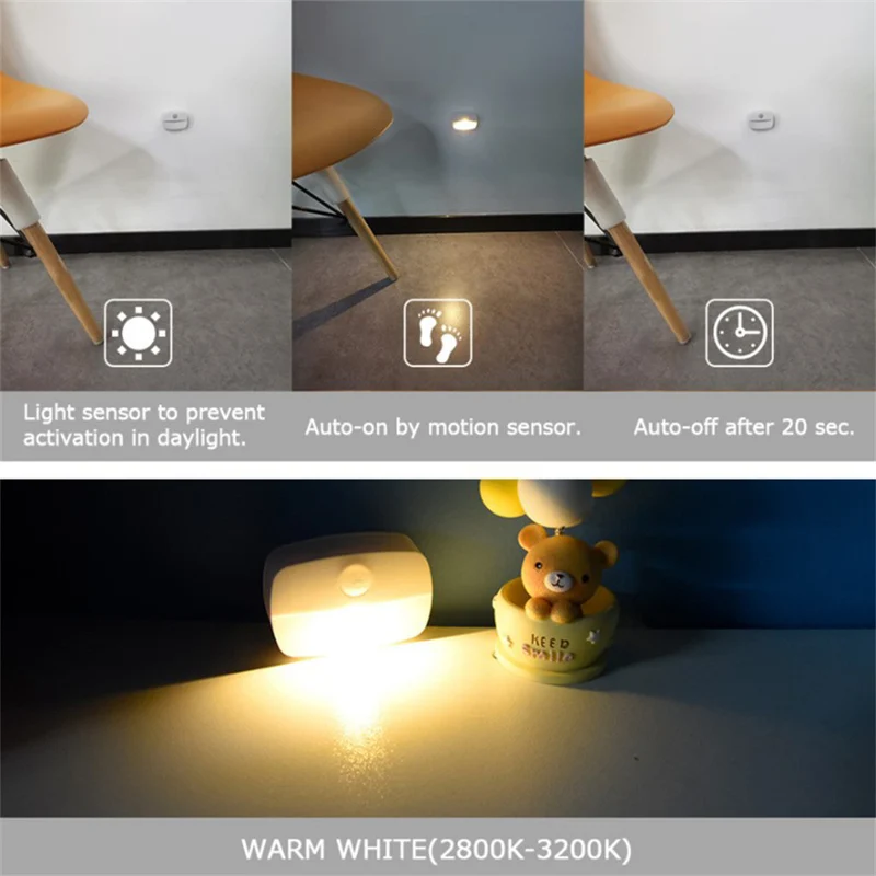 PIR Motion Sensor LED Night Light – Battery Operated Stick-On Under Cabinet Light | Warm White / Daylight White | for Stairway, Kitchen & Hallway (Battery Not Included) | 4 / 10-Pack