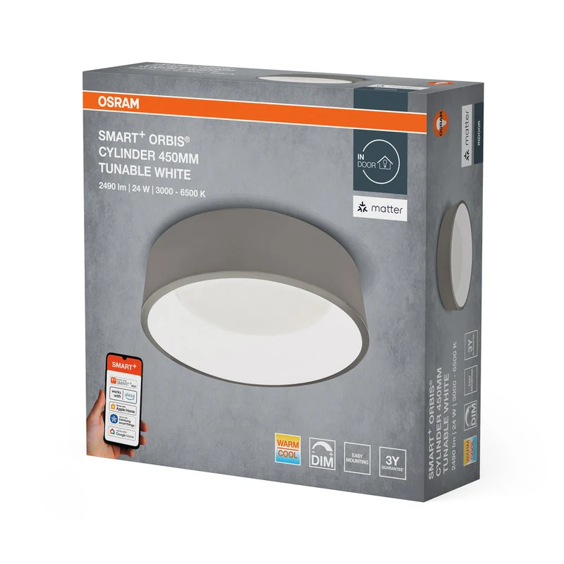 OSRAM Matter SMART+ Orbis Cylindre LED Plafonnier Blanc réglable 45cm 24W / 3000-6500K Gris