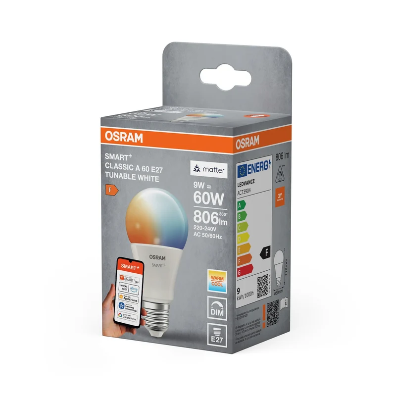 OSRAM Matter SMART+ Classique LED Lampe TW FR E27, 806 lm, 2700…6500 K, Blanc Réglable
