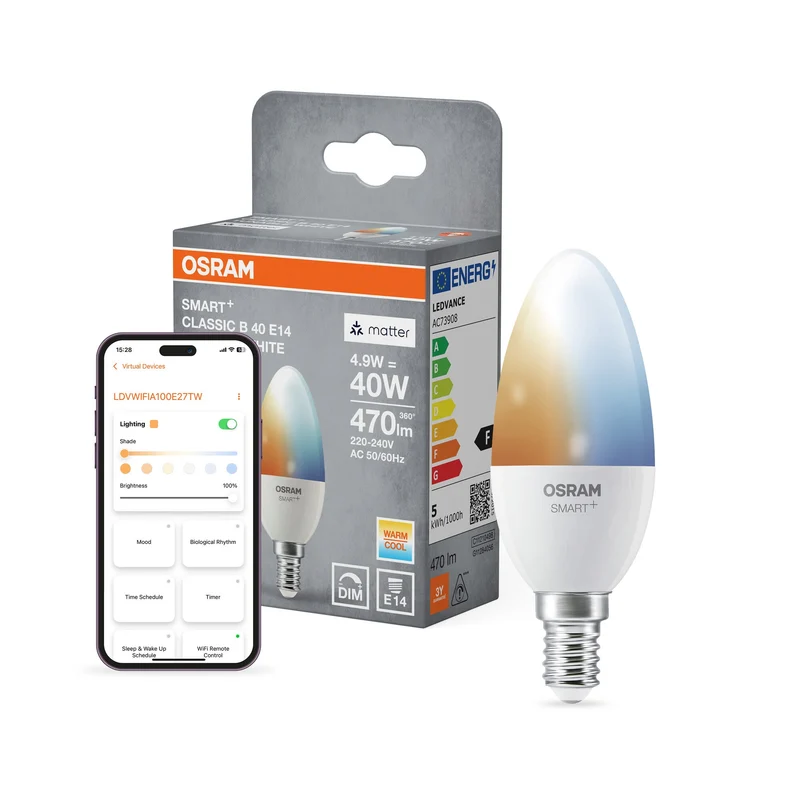 OSRAM Matter SMART+ Bougie LED Lampe 4,9W TW FR E14, 470 lm, 2700…6500 K, Blanc Réglable