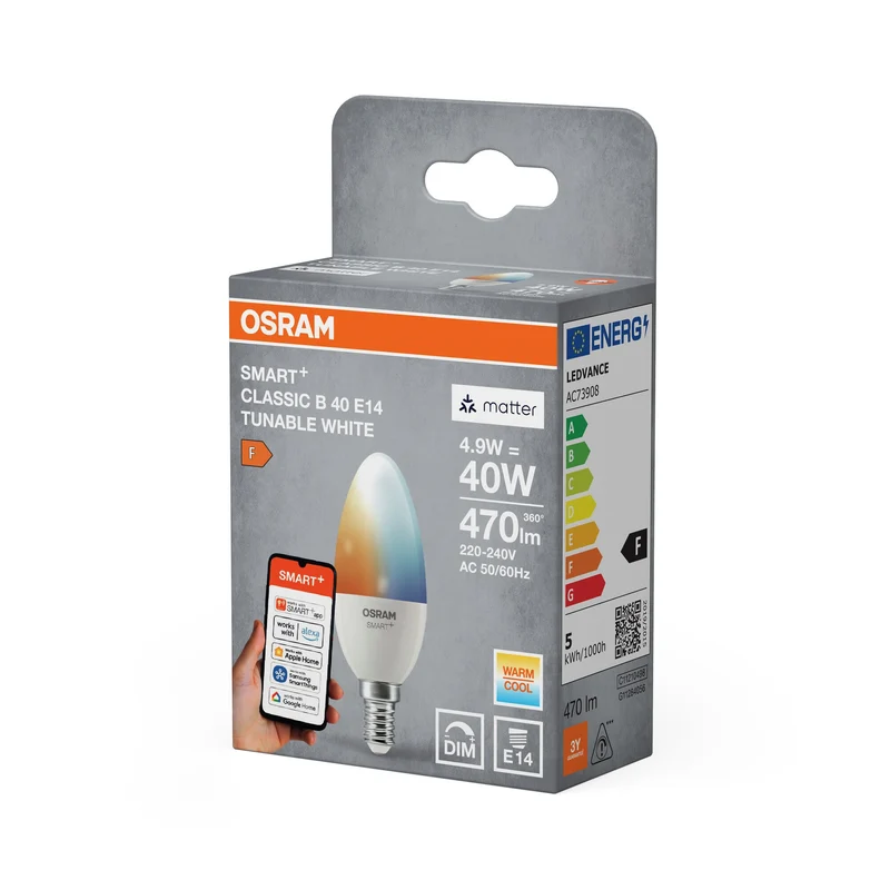 OSRAM Matter SMART+ Bougie LED Lampe 4,9W TW FR E14, 470 lm, 2700…6500 K, Blanc Réglable